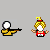 Pixelated character with white head and yellow body performs actions including holding a staff, emitting red particle effects, and displaying text phrases.