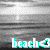 Pixelated grayscale beach scene with turquoise text reading 'beach' at the bottom, featuring a bright sky and water horizon line.