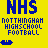 Four identical pixelated blue text icons on yellow background with 'NHS NOTTINGHAM HIGH SCHOOL FOOTBALL' and small blue symbols above/below.