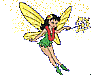A fairy with yellow wings, green dress, red necklace, and green shoes holds a sparkly wand while floating against a gray background.
