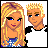 Pixel art buddy icon featuring two cartoon characters on left, text "mi life is perfect!!" on purple background right, with "Made at IconFun.com" branding below in colorful pixelated letters.