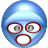 Blue spherical icon with three red-outlined oval features: two upper eyes and one lower mouth, all white-filled with gray pupils, set against a gray background.