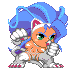 Pixelated character with blue hair and cat ears in four distinct poses showing fist movements, green eyes, orange skin, white gloves, gray pants, red-and-white shoes on a solid background.
