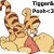 Pixelated cartoon tiger with brown stripes, pink nose, and open mouth showing teeth on white background.