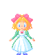 Pixel art character with blonde hair and pink bow in multiple poses, holding a wand or staff, wearing white dress with green accents.