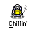 A 5x4 contact sheet of a pixel art animated icon showing a stick figure in a yellow outfit with blue and red accents, sitting cross-legged on a gray background with the text 'Chillin'' below each frame.