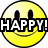 Yellow smiley face with black eyes and mouth, overlaid by bold white text 'HAPPY!' on a solid background.