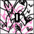 Pixelated icon with pink and black heart patterns on white background, displaying text changes across frames.