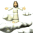 A 48x48 pixel animated contact sheet showing eight frames of a cartoon-style figure with brown hair and beard, wearing white robes, standing on clouds with arms outstretched in an ascending pose across multiple sampled animation frames.