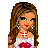 Pixel art of a female character with long brown hair, red lips, and a white top with red lips design, holding a white bucket with red lips, standing next to blue jeans with red lips patterns, over a red background with text.