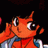Pixelated orange character with large eyes and a raised hand, next to stylized text on a black background.