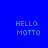 Four quadrants display "HELLO MOTTO" text in blue pixelated font on solid backgrounds: top-left blue, bottom-left red, top-right purple, bottom-right dark purple.