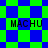A static image with four instances of the text 'MACHU' on a green and blue checkered background, with two distinct checkered patterns.