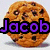 A four- shows a chocolate chip cookie, a dessert plate, shredded meat, and a gray background with overlaid text reading 'Jacob loves food' in distinct colors