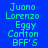 Blue background with green pixelated text listing names in three , each containing identical repeated entries of 'Juano Lorenzo', 'Eggy', 'Carfton', and 'BFF'S'