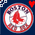 A circular Boston Red Sox logo with red text and a red boot symbol on white, surrounded by small pixelated hearts and squares in red, white, and blue.