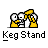Two side-by-side animated frames of a pixel art buddy icon showing two yellow stick figures performing a keg stand with white barrels, labeled "Keg Stand" below each frame.