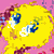 Yellow cartoon bird with blue eyes and white beak on pink background, showing eye movement