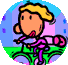 A cartoon character with blonde hair rides a bicycle, holding a white bowl and pink object against changing background colors.