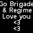 Pixelated text and symbols on black background with yellow highlights, showing repeated phrases "Go Brigade & Regime Love you" and heart icons in two configurations.