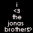 Pixelated text displays 'i <3 the jonas brothers' with a heart symbol replacing the 'o' in 'brothers' on a black background.