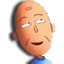 Animated cartoon head with orange skin, blue shirt, and subtle facial expressions shifting