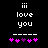 Pixelated text 'iii love you' above a dashed line and five pink/purple hearts on black background.