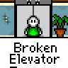 Animated contact sheet of a pixel art character in various elevator scenes with repeated text "Broken Elevator" below each frame.