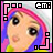 Pixelated icon shows a face with pink and blue hair, wide eyes, and mouth open in surprise; black geometric shapes frame the corners. White text 'emi' appears top-right.