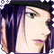 Pixelated anime-style character with purple hair and black headband, shown in two side-by-side frames with subtle facial expression differences.