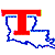 Red 'T' over blue outline of Louisiana state shape on white background; right side shows diagonal text 'CoolDude.com' on teal and gray split background.