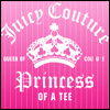 Pink background with vertical stripes, white crown graphic, and text reading "Juicy Couture" and "Princess of a Tee".