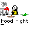 Animated contact sheet of a pixel art food fight scene with stick figures, showing sequential frames of red splatter and character movement against gray background.