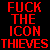 Pixelated graphic split into black and yellow sections with red and white text reading "FUCK THE ICON THIEVES" and "IMBUM.com".