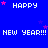 Blue background with repeated white text 'HAPPY' and 'NEW YEAR!!!', pink stars scattered throughout, gray rectangle in bottom-right corner.