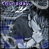 Animated sequence showing a figure in dark clothing with light sleeves against a blue background, the word 'thursday' appears at top left