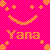 Pixelated orange smiley face with 'Yana' text on bright pink background, surrounded by scattered orange dots and squares.