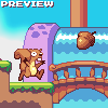 Pixel art squirrel character with wide eyes and open mouth stands on green grassy platform near purple structure, holding acorn while another acorn flies through air.