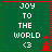 Green square icon with white text 'JOY TO THE WORLD' and '<3', red dotted border, two red Christmas trees on right side.