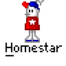 A 4x3 contact sheet of pixel art frames showing a cartoon character in red and blue attire with various expressions, poses, and one frame containing text.