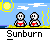 Pixel art animation of two figures on a sunlit beach with yellow grass, blue sky, and white clouds; the figures' faces change from neutral to smiling then red while text below reads 'Sunburn'.