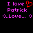 Pixelated text and symbols on black background with pink and red elements, showing 'I love Patrick' and 'I..Love... :)' with a red heart symbol.