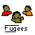 Pixel art of three figures with green faces and black hair, wearing red, green, and orange shirts, with 'Fugees' text below on gray background.