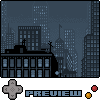 Pixel art cityscape at night with dark blue buildings, a rooftop silhouette, and game controller elements below.
