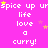 Pixelated text repeats 'spice up urspice up urspice up urspice up ur' over multiple lines with 'life love a curry!' below, all on bright pink background with scattered yellow and pink stars.