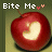 A 48x48 pixel animated buddy icon featuring a red apple with a bite taken out, displayed in two frames showing slight animation changes to the heart symbols above text.