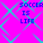 Bright pink background with cyan diamond-shaped pattern and repeated blue text "SOCCER IS LIFE" in four quadrants