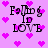 Pixelated text 'Following ID LOVE' on pink background with scattered purple hearts, animated heart positions.