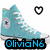 Two side-by-side pixelated images of a light blue high-top sneaker with white laces and a black text box reading "OliviaN6" below, one showing an outlined heart above the shoe and the other a solid black heart.