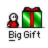 Animated contact sheet showing 19 sequential frames of a pixel art buddy icon where a character opens a green gift box to reveal an iPod, with text bubbles reading SWEET and AN IPOD.
